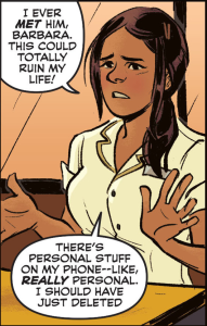 Panel from Batgirl #35 from 10/8 as Babs talks to a girl whose phone was mysteriously stolen.
