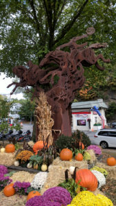 The large metal sculpture showing the Headless Horseman in action in the center of Sleepy Hollow